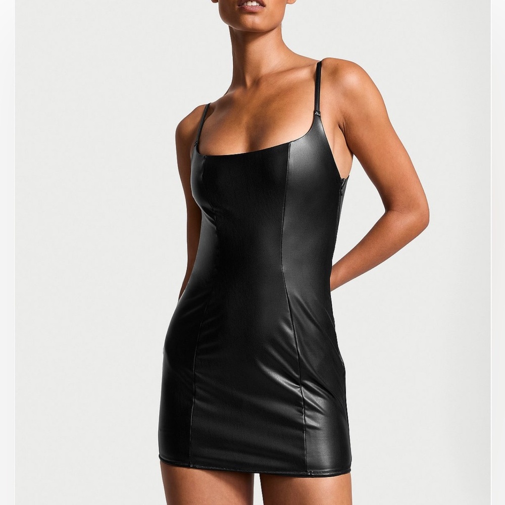 Victoria’s Secret Faux Leather Slip Mini Dress – Black, Size Medium